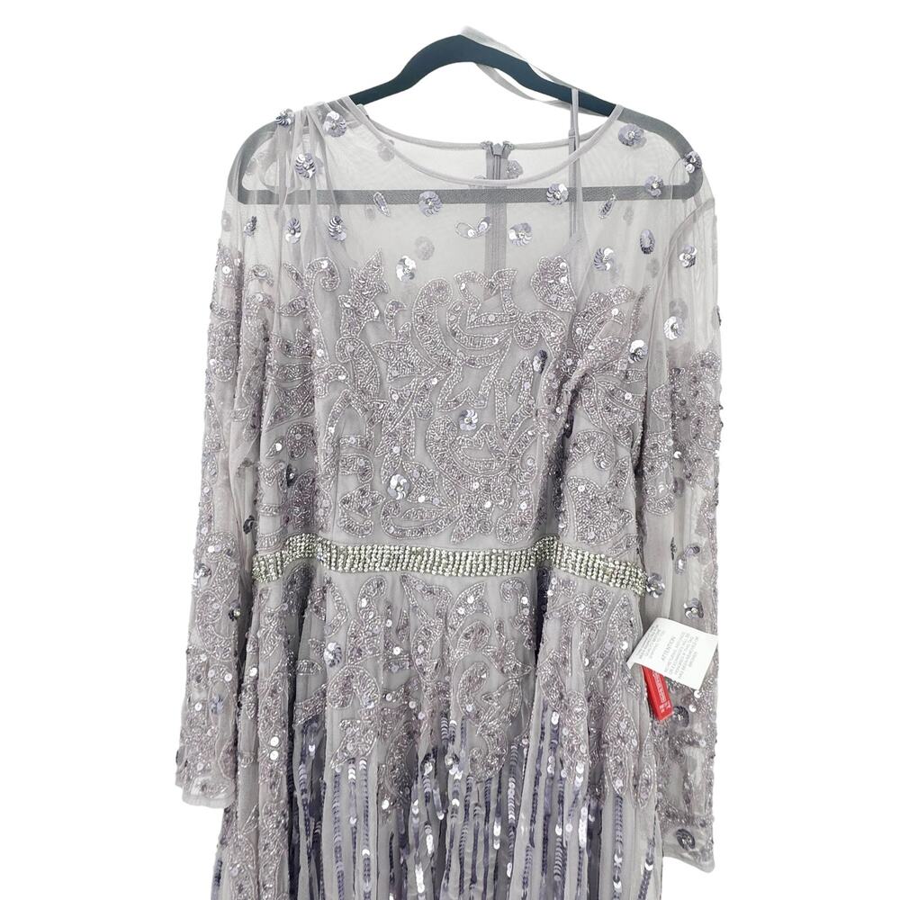 Mac Duggal Mesh Sequin Long Sleeve Belted Tea Dress Vintage Lilac Size 18 NWT - Picture 9 of 13